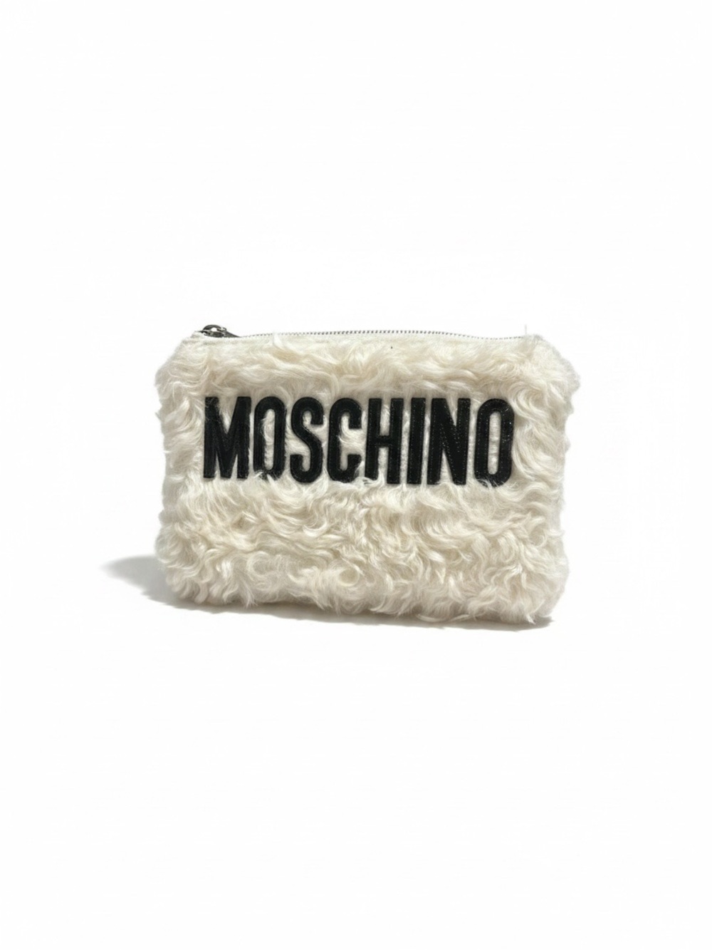 Moschino Milano Teddy Faux Fur Logo Zip Pouch Cream Black Made in Italy